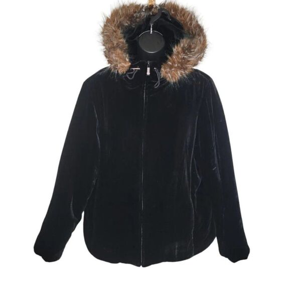 RALPH LAUREN | Fur Trimmed Velvet Hoodie Jacket - size Sm in Black - Picture 1 of 14